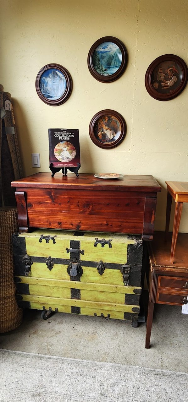 Antique chest and framed art